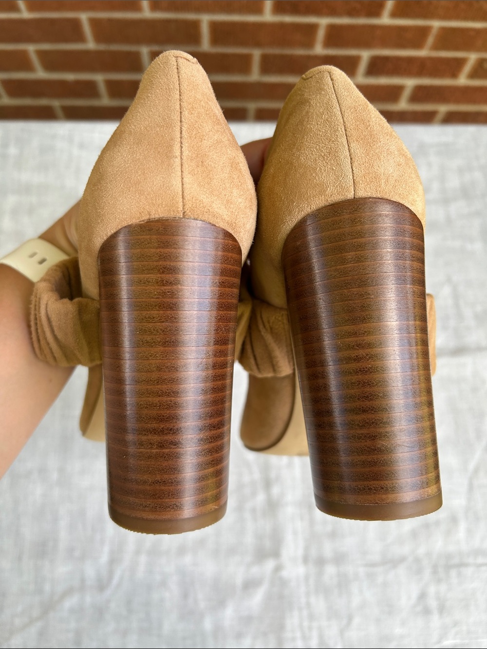 Nine West Women's Tan Suede Block Heel Pumps with Ruched Strap - Picture 4 of 5